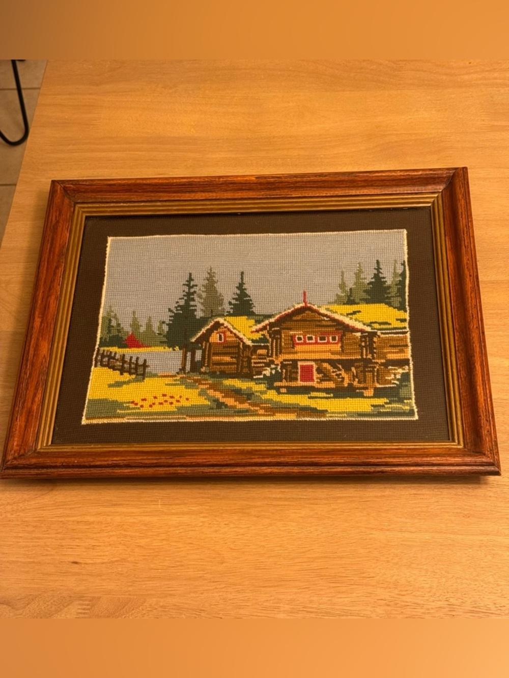 Vintage framed needlepoint crewel of homes in the lake